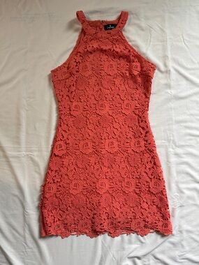 Lulus Love Poem Formal Coral Orange Lace Mini Dress, Medium